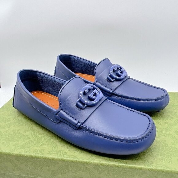 Gucci GG Interlocking Loafer Blue Driver Moccasin Shoes Logo Womens UK 5.5 US 8. - Picture 1 of 16